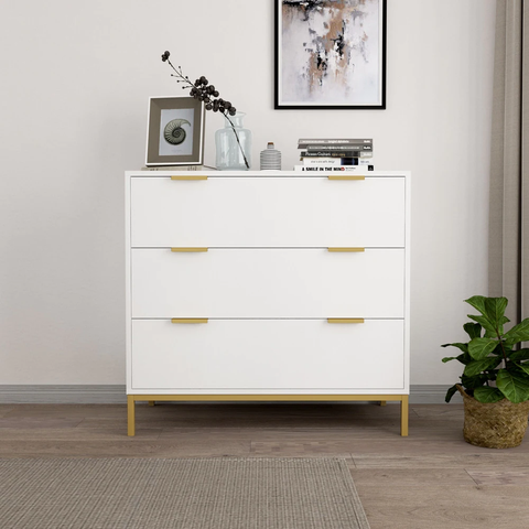 White 3-Drawer Dresser with Gold Metal Legs