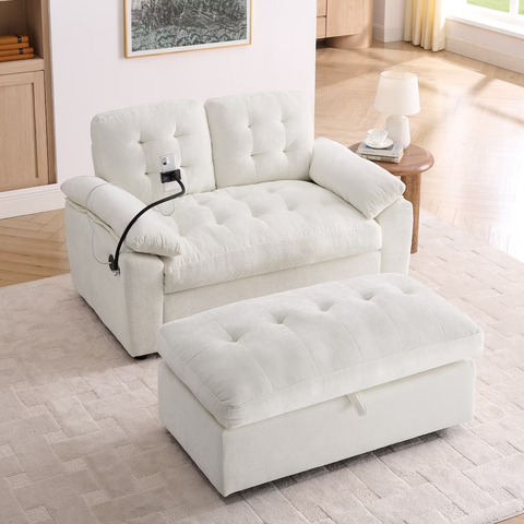 56"w Modern Luxe Upholstered Loveseat Soft Padded Couch Recliner Lounge Sofa Sleeper with Storage Ottoman, Adjustable Back,