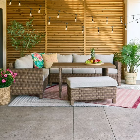 Better Homes & Gardens Brookbury 4-Piece Outdoor Wicker Patio Sectional Dining Set, Beige Cushions