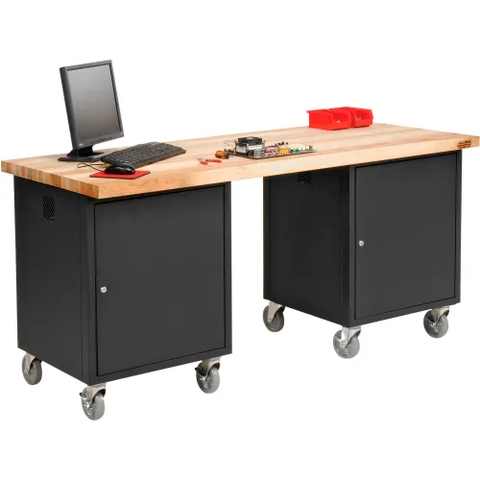 Mobile Pedestal Workbench, 72 x 30", Maple Butcher Block Square Edge