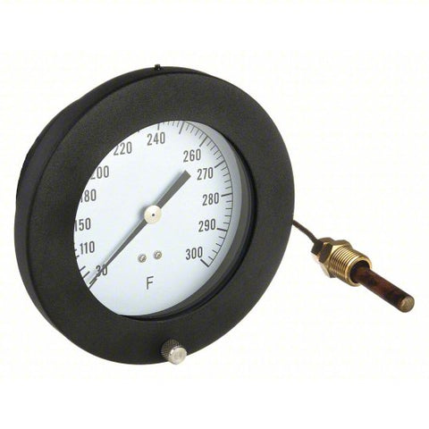 Analog Panel Mount Thermometer: 30° to 300°F, 4.5 in Dial Dia, 1/2 in MNPT with 5 ft Cable