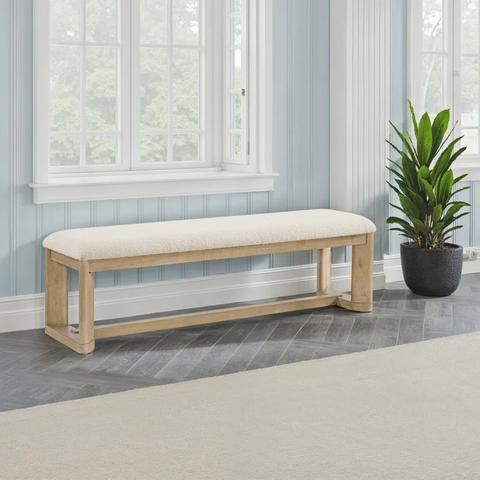 Ashal 65" Wide Coastal Upholstered Dining Bench with Boucle Fabric