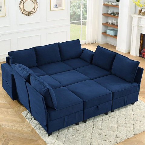 9-Seat Navy Blue Corduroy Velvet Modular Sofa Set - Convertible King Bed Sectional Couch with Storage - Contemporary Design for Living Room Comfort