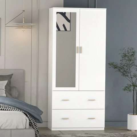 2 Door Wardrobe Armoire Closet with Drawers, Clothing Rod and Shelves for Bedroom White