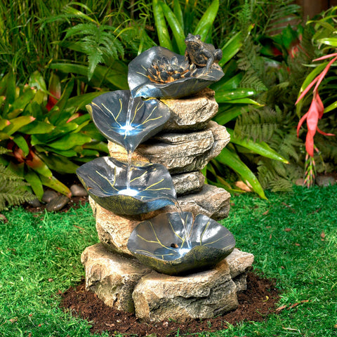 Frog and Four Lily Pad Rustic Cascading Outdoor Floor Water Fountain with LED Light 21"