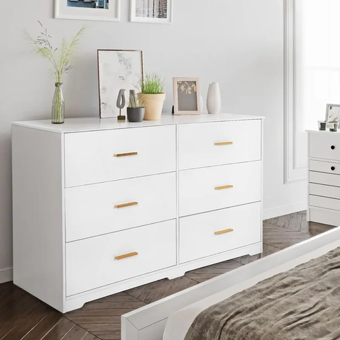 6 Drawer Double Dresser, 47" Wide Dresser Tv Stand, Modern Chest of Drawers for Bedroom, White