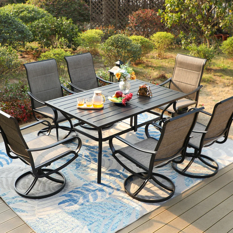 Outdoor Dining Set, 6 Patio Swivel Chairs Padded Sling Fabric and 60"x 38" Rectangule Dining Table with Umbrella Hole