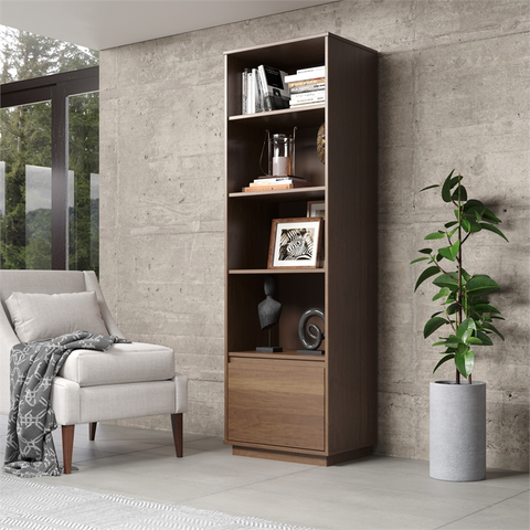 Keane Wood Mid Century Bookcase with One Drawer in Brown