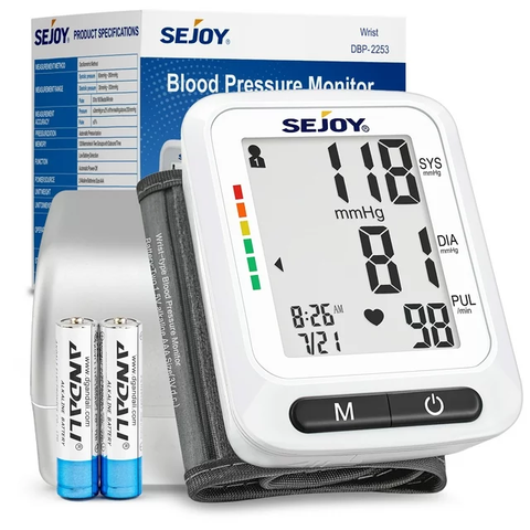 Sejoy Automatic Digital Blood Pressure Monitor, Wrist Cuff, Heartbeat Detector, White