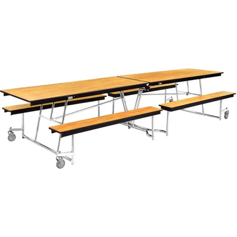 NPS® Mobile Cafeteria Table With Fixed Benches, 97"L x 56"W, Oak Top/Chrome Frame