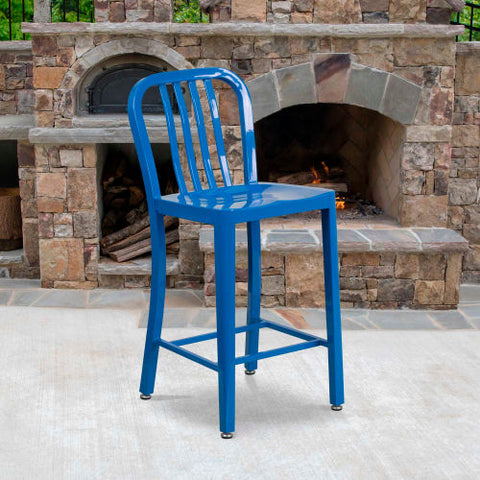 24"H Blue Metal Counter Height Stool with Vertical Slat Back