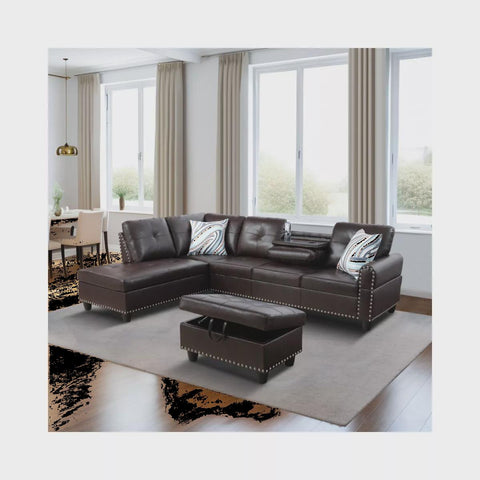 DOMETOUR Brown Faux Leather Synthetic Leather 3-Piece Sofa Set (Sofa+Chaise+Ottoman)