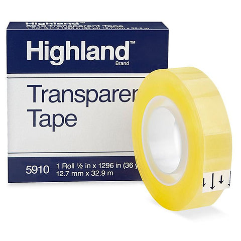 3M 5910 Highland™ Transparent Tape - 1⁄2" x 36 yds case of 12 rolls