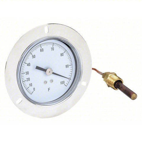 Analog Panel Mount Thermometer: 0° to 100°F, 3.5 in Dial Dia, 1/2 in MNPT with 5 ft Cable
