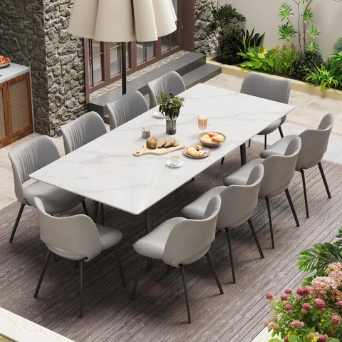 Outdoor Rectangle expandable sintered stone dining table is suitable for 8-10 people.