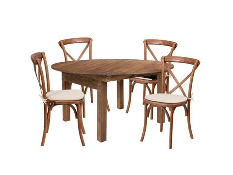 60" Round Solid Pine Folding Farm Dining Table Set with 4 Cross Back Chairs and Cushions