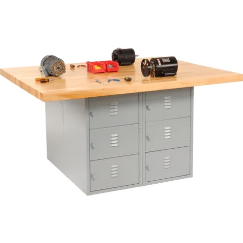 Diversified Spaces 4 Station Workbench, 12 Horizontal Lockers, No Vises, 64"Wx54"Dx33-1/4"H, Gray
