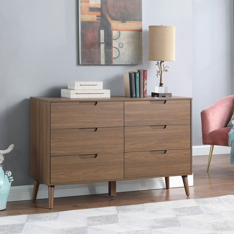 Modern 6 Drawer Dresser, Bedroom, Brown Walnut