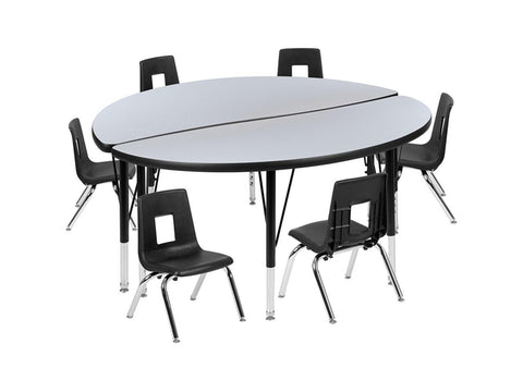 47.5" Circle Wave Flexible Laminate Activity Table Set with 12" Student Stack Chairs, Grey/Black