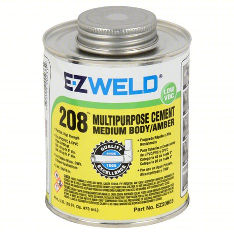 EZ WELD Pipe Cement: 208 Multipurpose Cement, 16 fl oz, Brush-Top Can, Amber