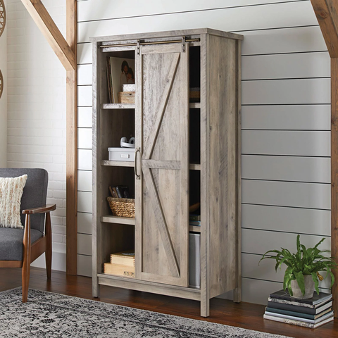 66" Modern Farmhouse Bookcase Storage Cabinet, Rustic Gray Finish