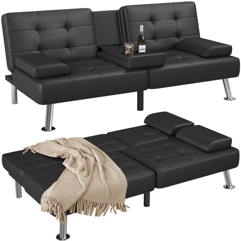 Modern Faux Leather Futon Sofa Bed Convertible Folding Sofa Bed Removable Armrests and 2 Cup Holders ,Black