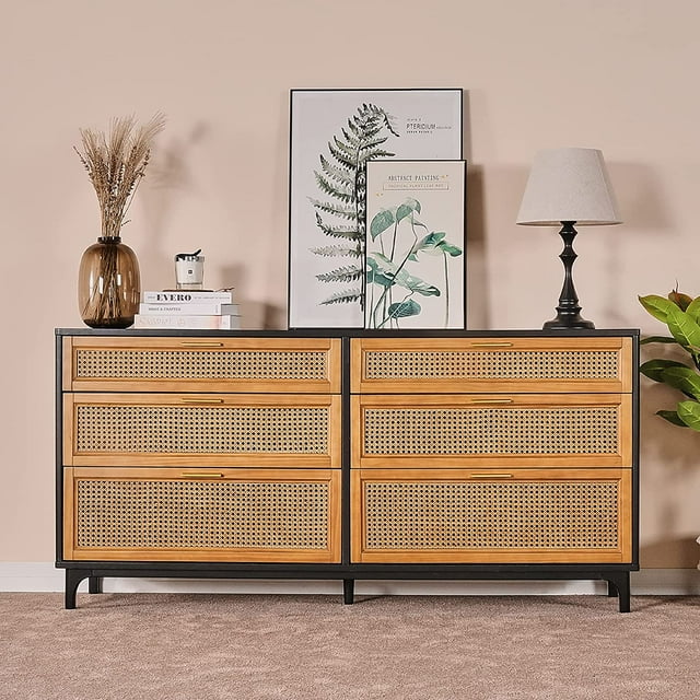 Rattan Dresser with 6 Drawers for Living Room, Entryway, Hallway, Blac ADVANCED SOLUTIONS DISPLAY Rattan Dresser with 6 Drawers for Living Room, Entryway, Hallway, Blac ADVANCED SOLUTIONS DISPLAY