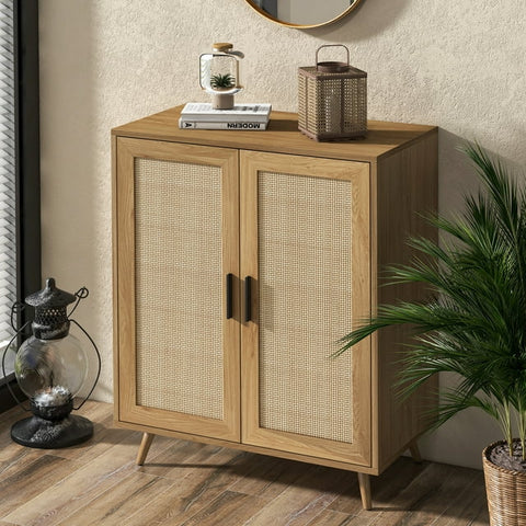 Wood Sideboard Buffet Cabinet with Storage, Rattan Doors, Rustic, Modern, Kitchen, Shelf