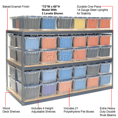 Record Storage Rack 48"W x 24"D x 84"H With Polyethylene File Boxes - Gray