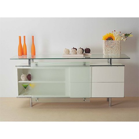 White Lacquer BUFFET with FROSTED SLIDING Glass DOOR