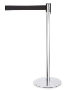 Chrome Crowd Control Barrier Post with Retractable Belt - Black