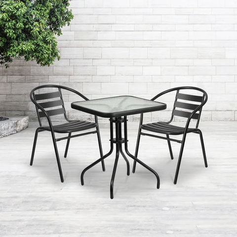 Giffin 23.5" Square Glass Metal Table with 2 Metal Aluminum Slat Stack Chairs