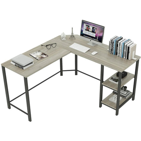L-Shaped Wood Office Computer Gaming Desk in Gray Oak