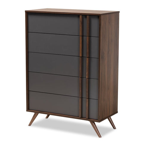Naoki Gray and Walnut Finished Wood 5-Drawer Bedroom Chest
