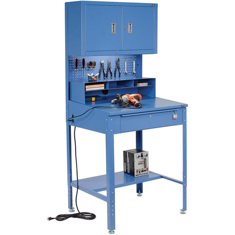 Shop Desk with Pigeonhole Riser, Pegboard Panel & Cabinet 34-1/2"W x 30"D x 38"H Sloped Surface Blue