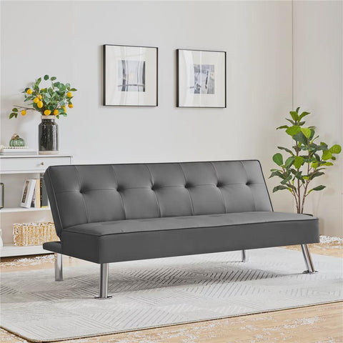 SmileMart Convertible Tufted Faux Leather Futon Sofa Bed with Chrome Metal Legs, Gray
