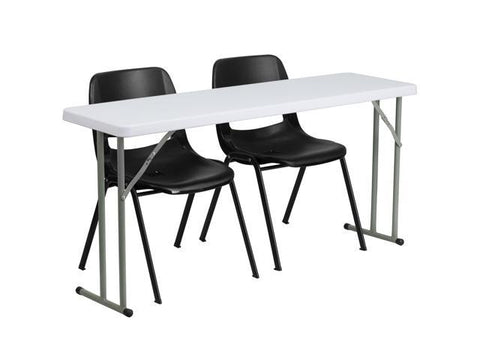 18'' x 60'' Plastic Folding Training Table Set with 2 Black Plastic Stack Chairs
