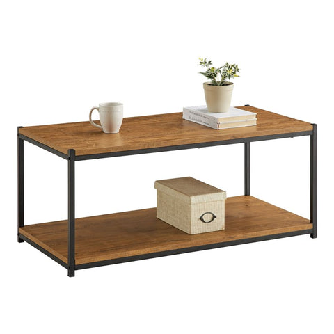 Storage Shelf Wood Center Coffee Table with Metal Frame in Oak Brown
