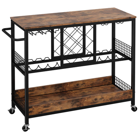 Wine Rack Table, Bar Cart on Wheels Kitchen Storage Cart Wood and Metal Frame, Vintage Brown
