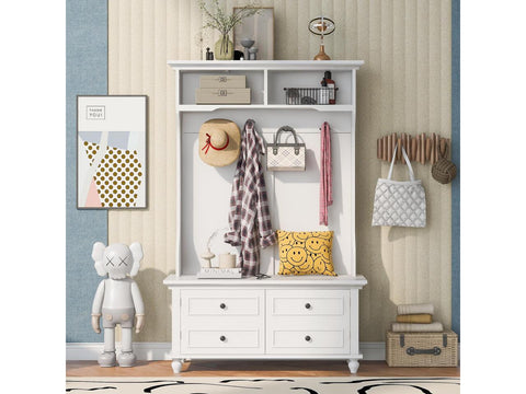 Hall Tree with 4 Hooks , Coat Hanger, Entryway Bench, Storage Bench, 3-in-1 Design, 39.8INCH, for Entrance, Hallway (White)