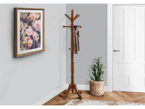 Monarch Specialties Traditional Solid Wood Coat Rack with Pedestal Base - Oak