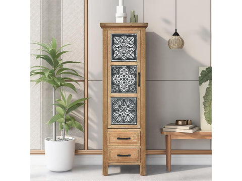 47.6Tall Accent Storage Cabinet with 1 Door and 2 Drawers, Modern Decorative Cabinet with Wood Frame and Black and White Pattern for Entryway, Living Room, Bedroom