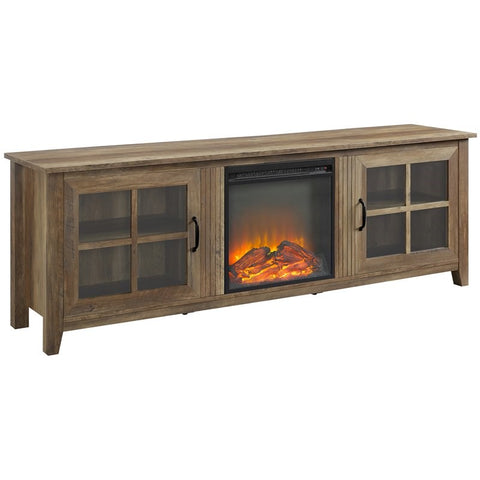 70" Farmhouse Wood Fireplace TV Stand with Glass Doors - Rustic Oak