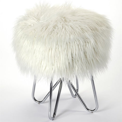 Faux Fur Foot Stool in White and Silver