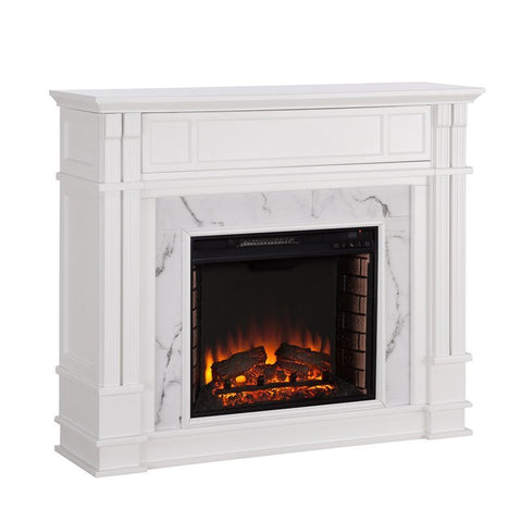 Faux Marble Electric Fireplace TV Stand in White
