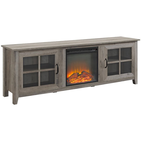 70" Farmhouse Wood Fireplace TV Stand with Glass Doors - Grey Wash