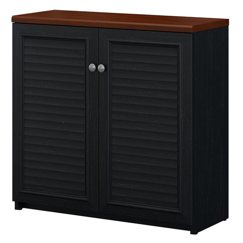 Bush Furniture Fairview Small Storage Cabinet with Doors in Antique Black and Hansen Cherry