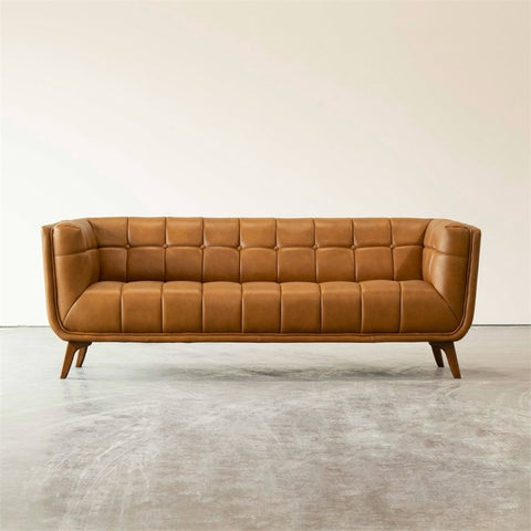 Mid Century Modern Allen Tan Full Grain Leather Sofa 84"