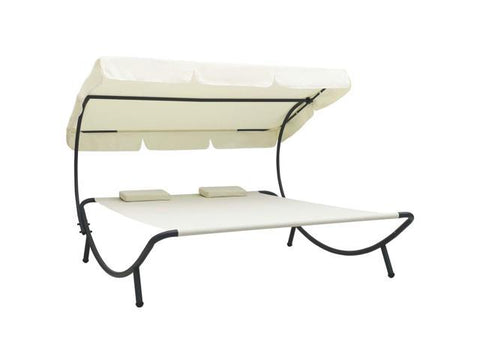 Patio Lounge Bed with Canopy Pillows Cream White Garden Sun Day Bed