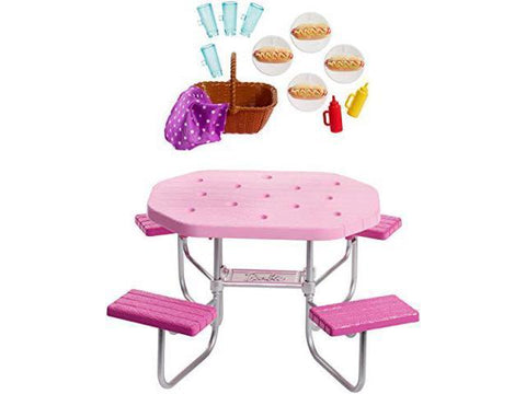 Barbie Outdoor Furniture, Pink Picnic Table with Adjustable Seats and Hot Dog Picnic for 4